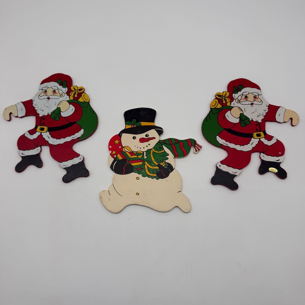 Vintage Christmas Wood Wall Decor Set 3 Santa Claus Snowman Character Cutouts